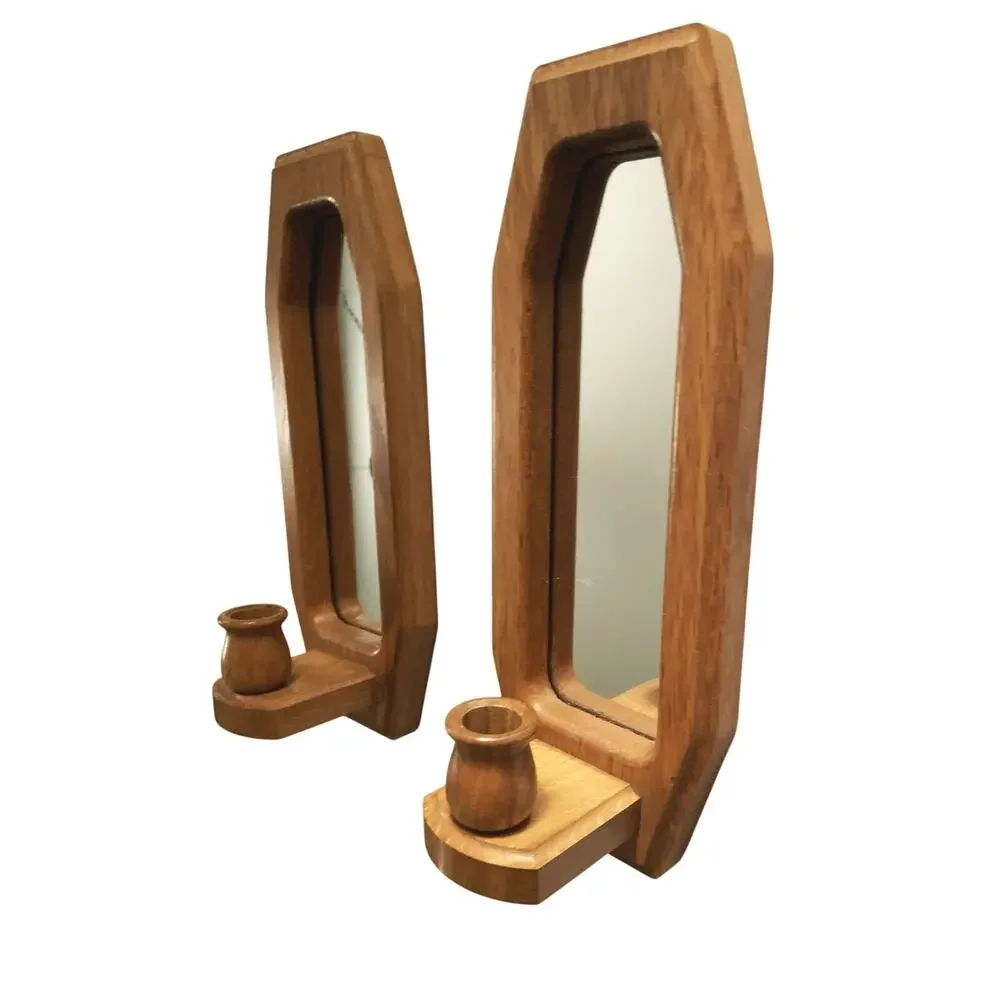 Vintage 70s 80s Pair of Wooden Mirrored Wall Sconces Candle Holders Wall Decor